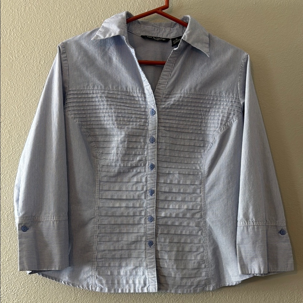 Zac & Rachel 3/4 Sleeve Blue Pinstriped Button Down Shirt with Classic Pintucks